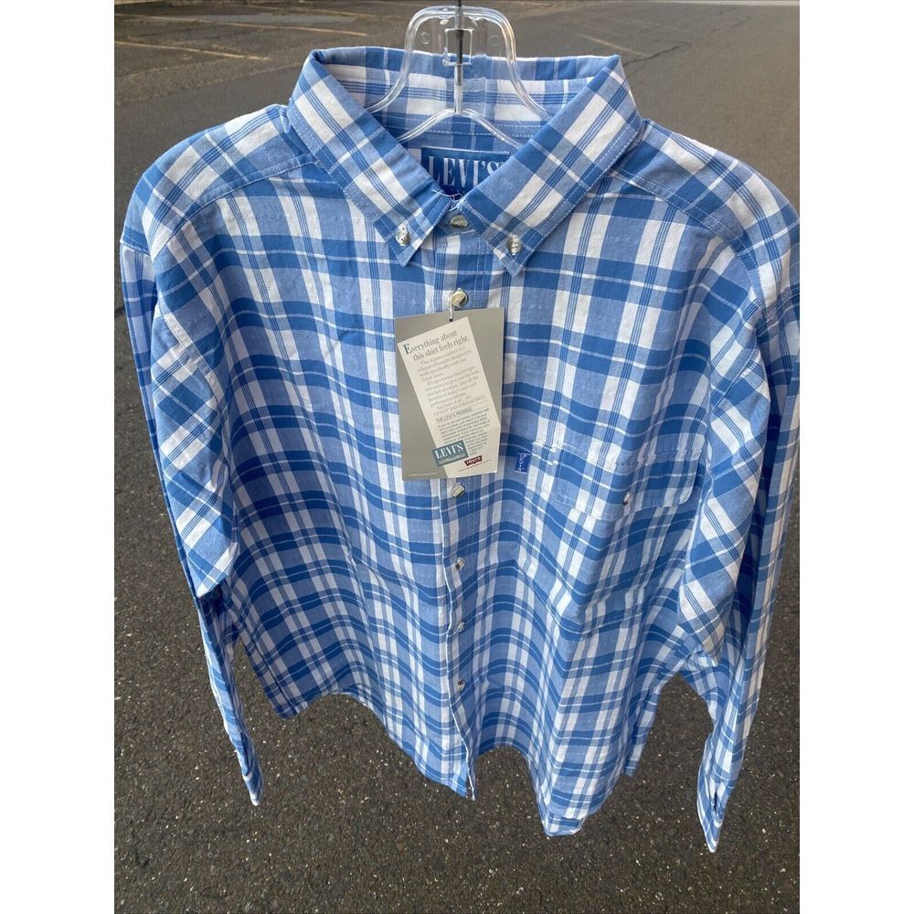 NWT NOS 1990 LEVIS XL Long Sleeved Pocket Shirt Blue Plaid‎ Checkered Vintage